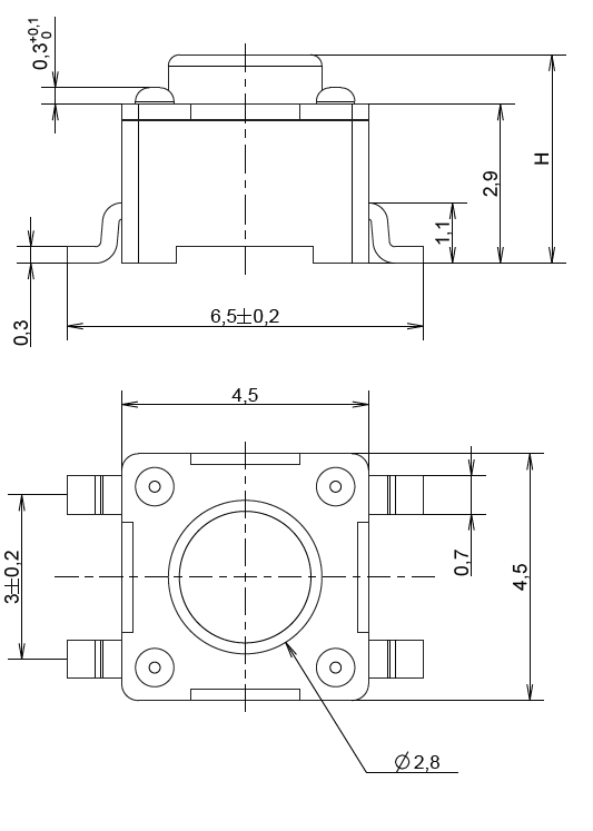 Mechanical Drawing - C&K Switches PTS647 4.5mm Tactile Switches Mechanical Drawing - C&K Switches PTS647 4.5mm Tactile Switches